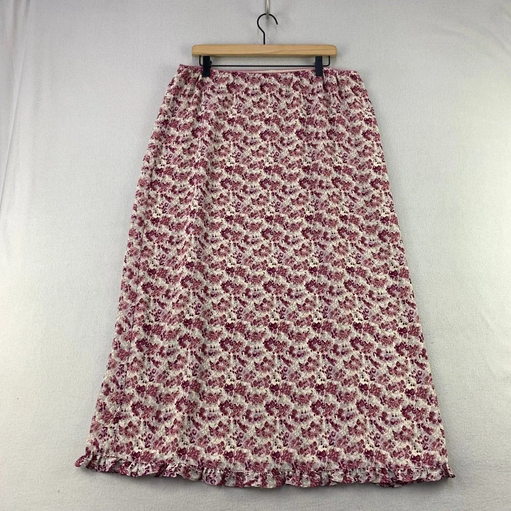 VTG Kathy Ireland Floral Maxi Skirt Women XL Pink Ruffle Hem Elastic Cottage
